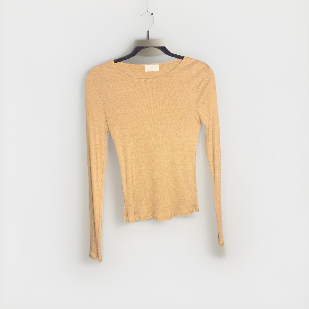 t.la Top XS Women Cotton Ribbed Tan Long Sleeve Crew Neck Minimalist Casual